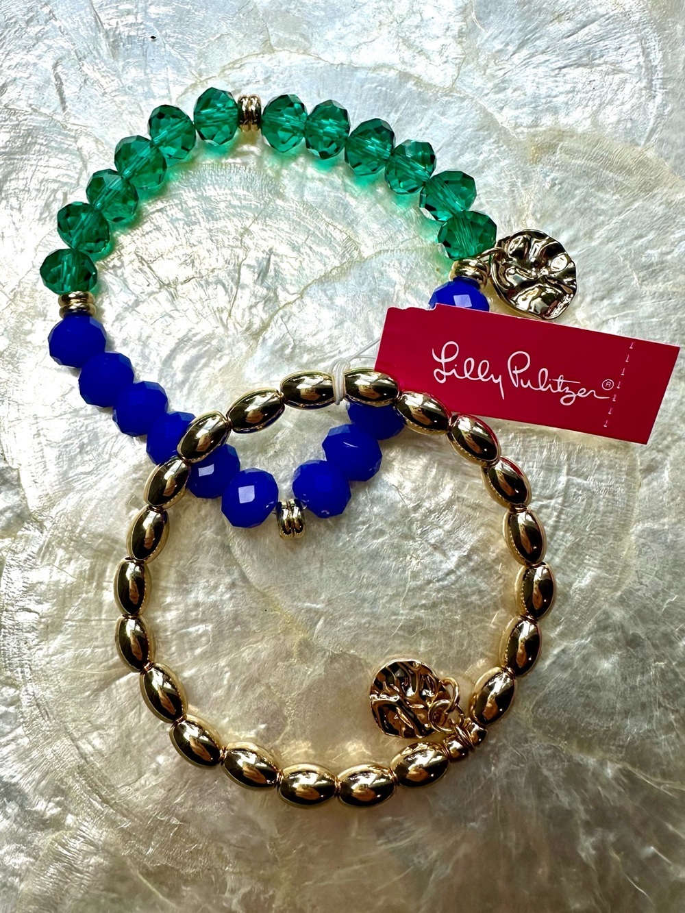 Lilly Pulitzer Green, Royal Blue & Gold Stretch Bracelet Set classic LP colors!